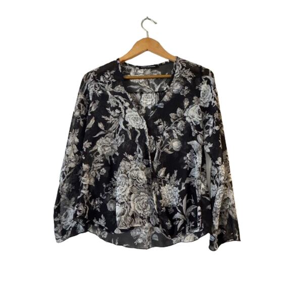 Foreign Exchange Surplice Wrap Hi Low Blouse S Black Floral Sheer Long Sleeve - Picture 1 of 8